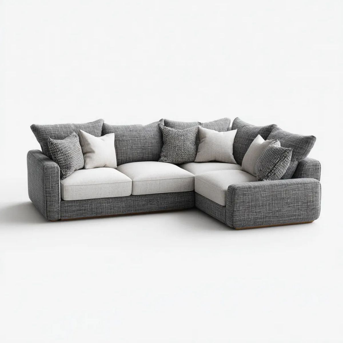 Sofa, 3-osobowa sofa w L w szarej poliestrowej tkaniny, 260 x 180 x 85 cm