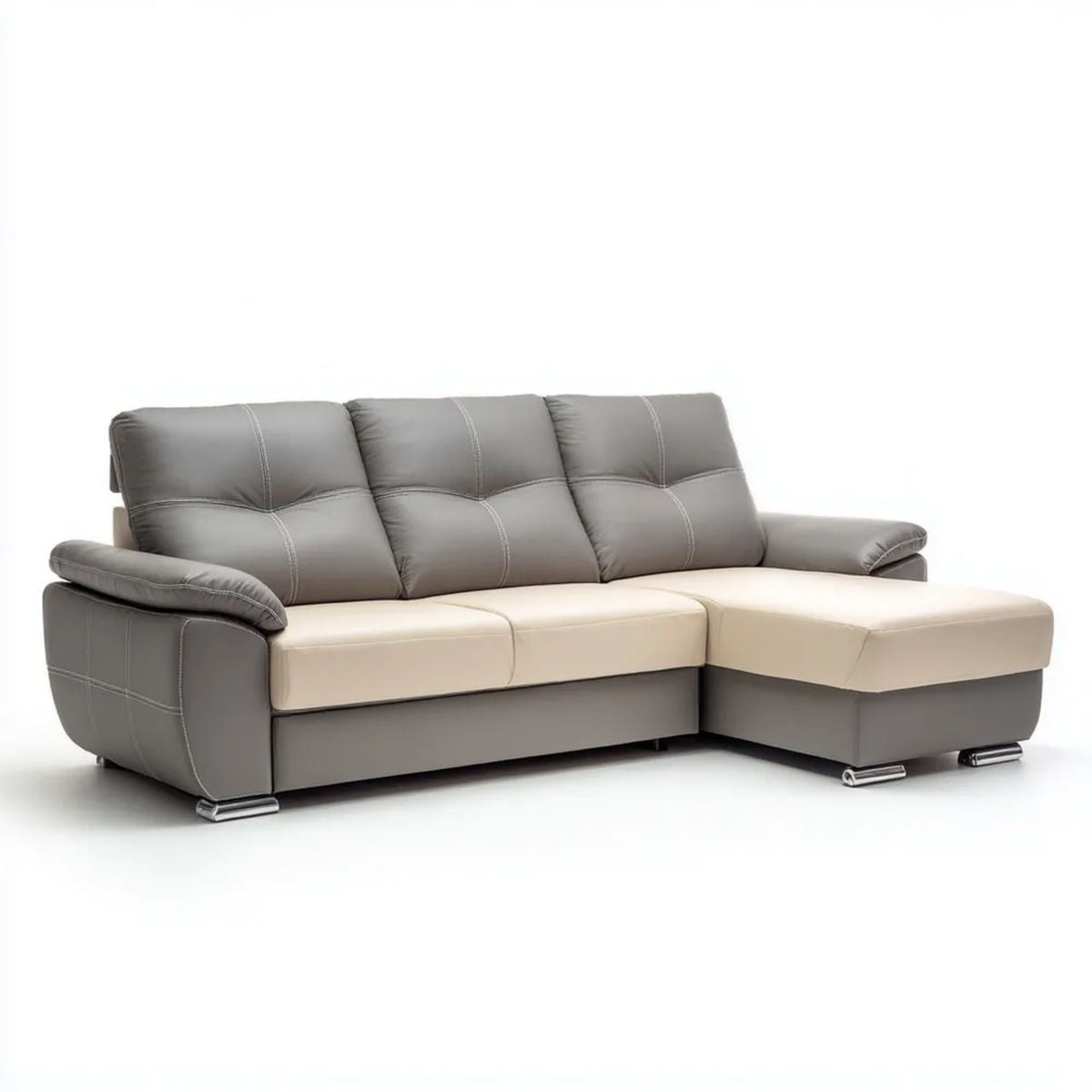 Sofa, 3-osobowa sofa w kolorze szarym i beżowym syntetyczna skóra, 260 x 165 x 90 cm, z szezlongiem prostokątnym