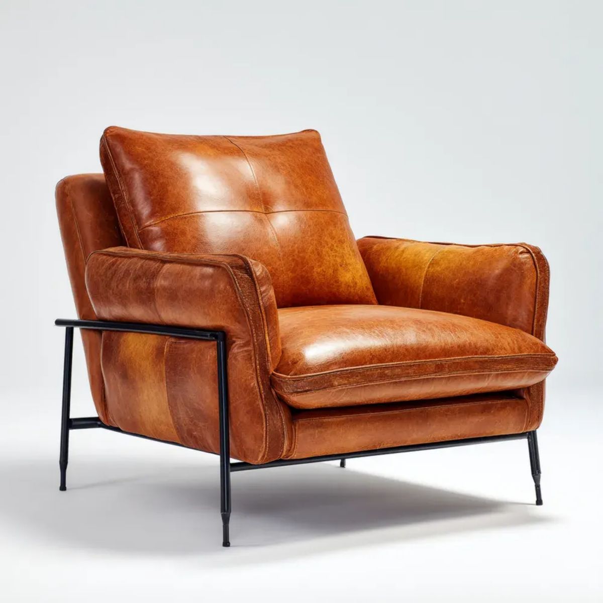 Fotel, Brązowa skóra PU koniak fotel z czarną stalową konstrukcją, 92 x 88 x 86 cm
