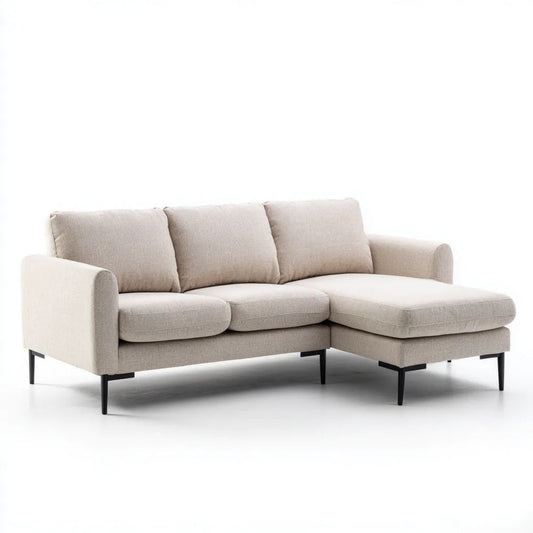 Sofa, 3-osobowa w narożniku sofa z szezlongiem na prawo w beżowej tkaniny, 230 x 150 x 85 cm