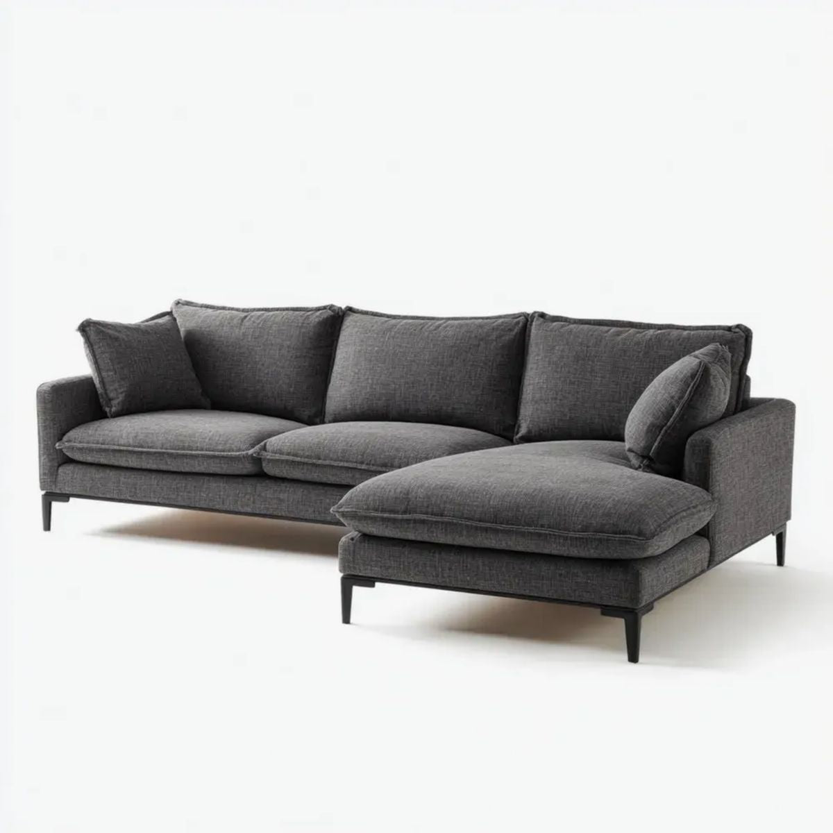 Sofa, Prosty narożnik sofa w poliestrowy szary antracyt i czarny z meridianem, 260 x 160 x 85 cm