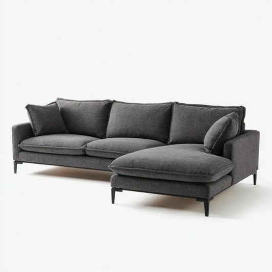 Sofa, Prosty narożnik sofa w poliestrowy szary antracyt i czarny z meridianem, 260 x 160 x 85 cm