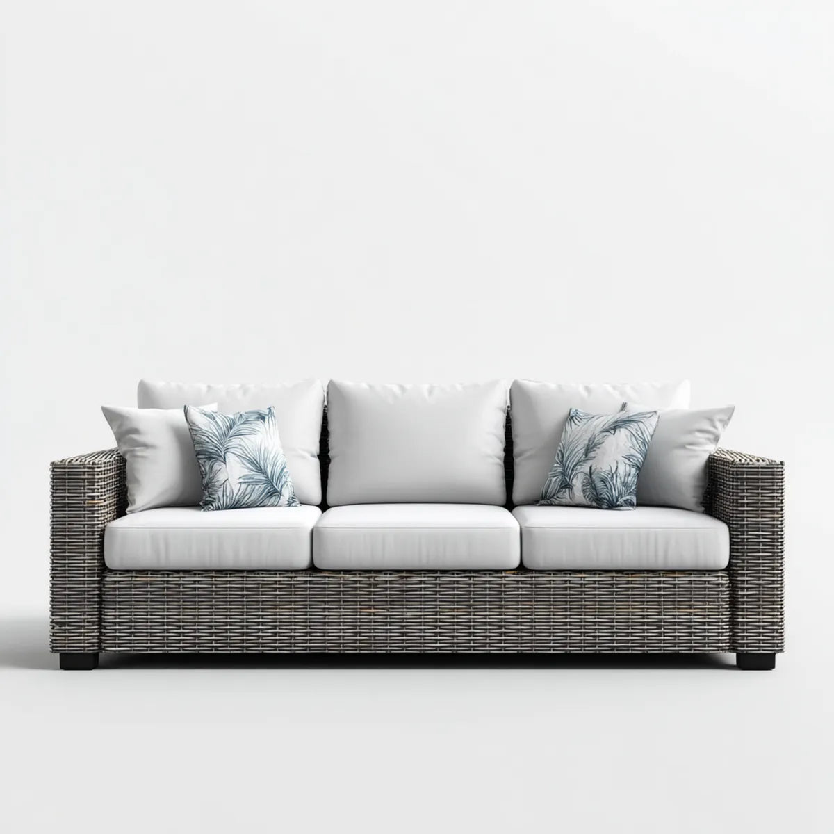 Sofa ogrodowa, 3 fotela ogrodowa w białej i szarej warkoczonej żywicy prostokątna PE 210 x 85 x 78 cm