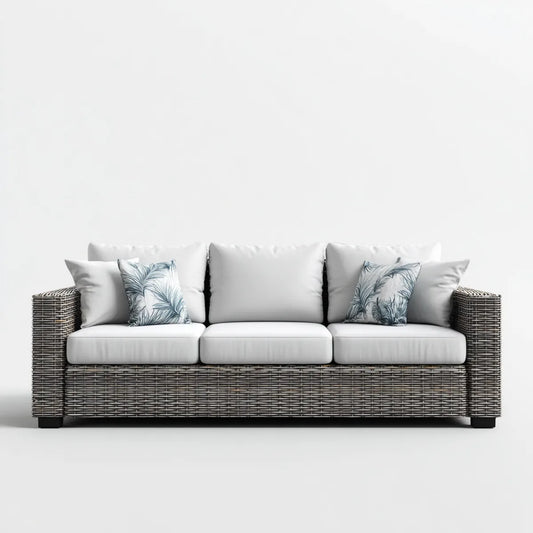 Sofa ogrodowa, 3 fotela ogrodowa w białej i szarej warkoczonej żywicy prostokątna PE 210 x 85 x 78 cm