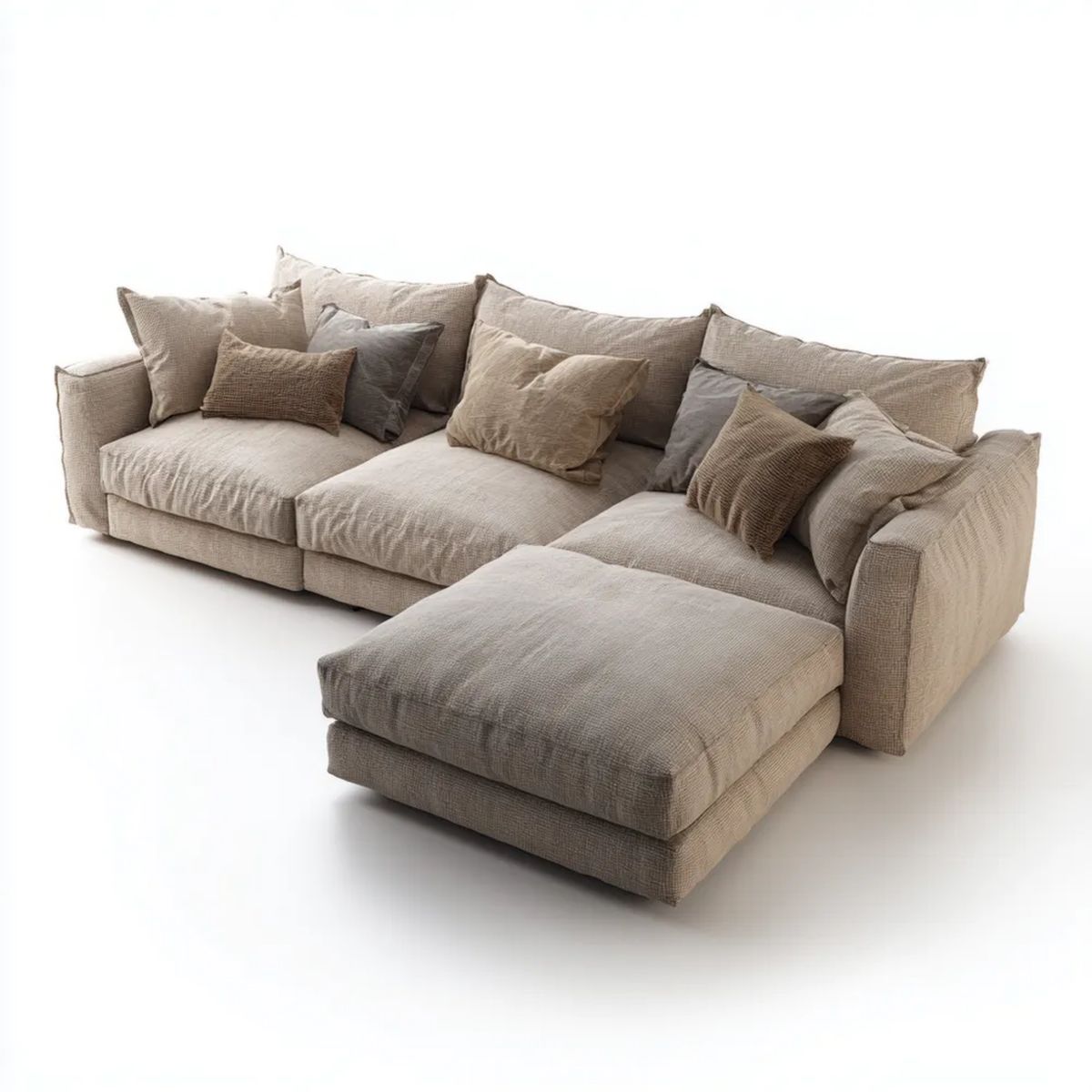 Sofa, 3-osobowa sofa z szezlongiem w beżowym poliestrze 280 x 170 x 85 cm
